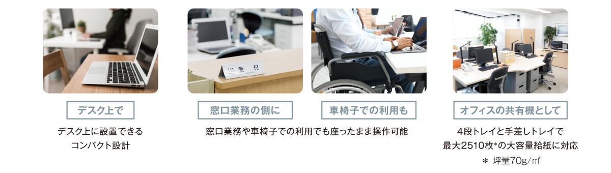 デスク上で／窓口業務の側に／車椅子での利用も／オフィスの共有機として